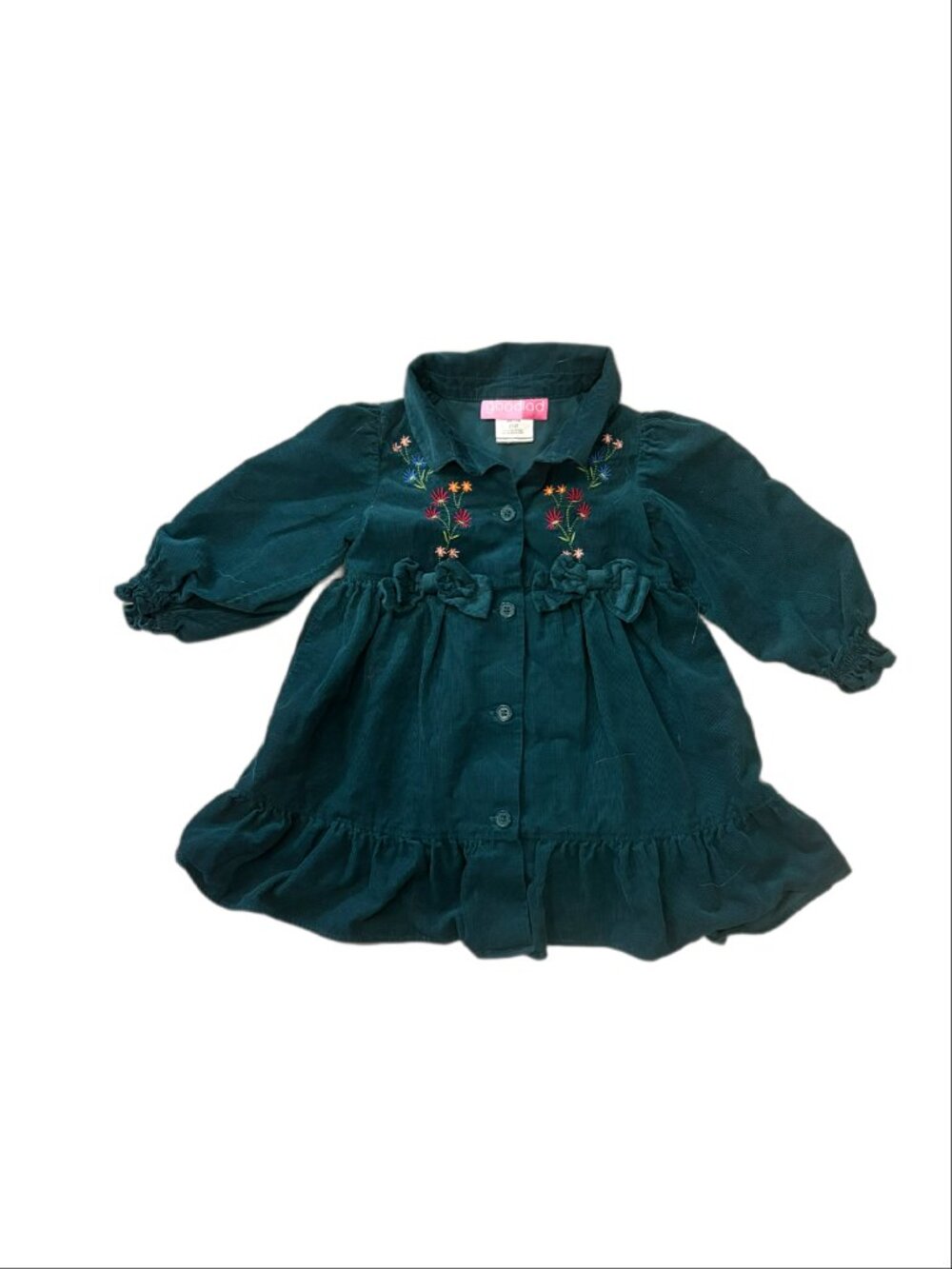 Goodlad Toddler Girls Dark Green Corduroy Floral Embroidered Dress (Size 2T)